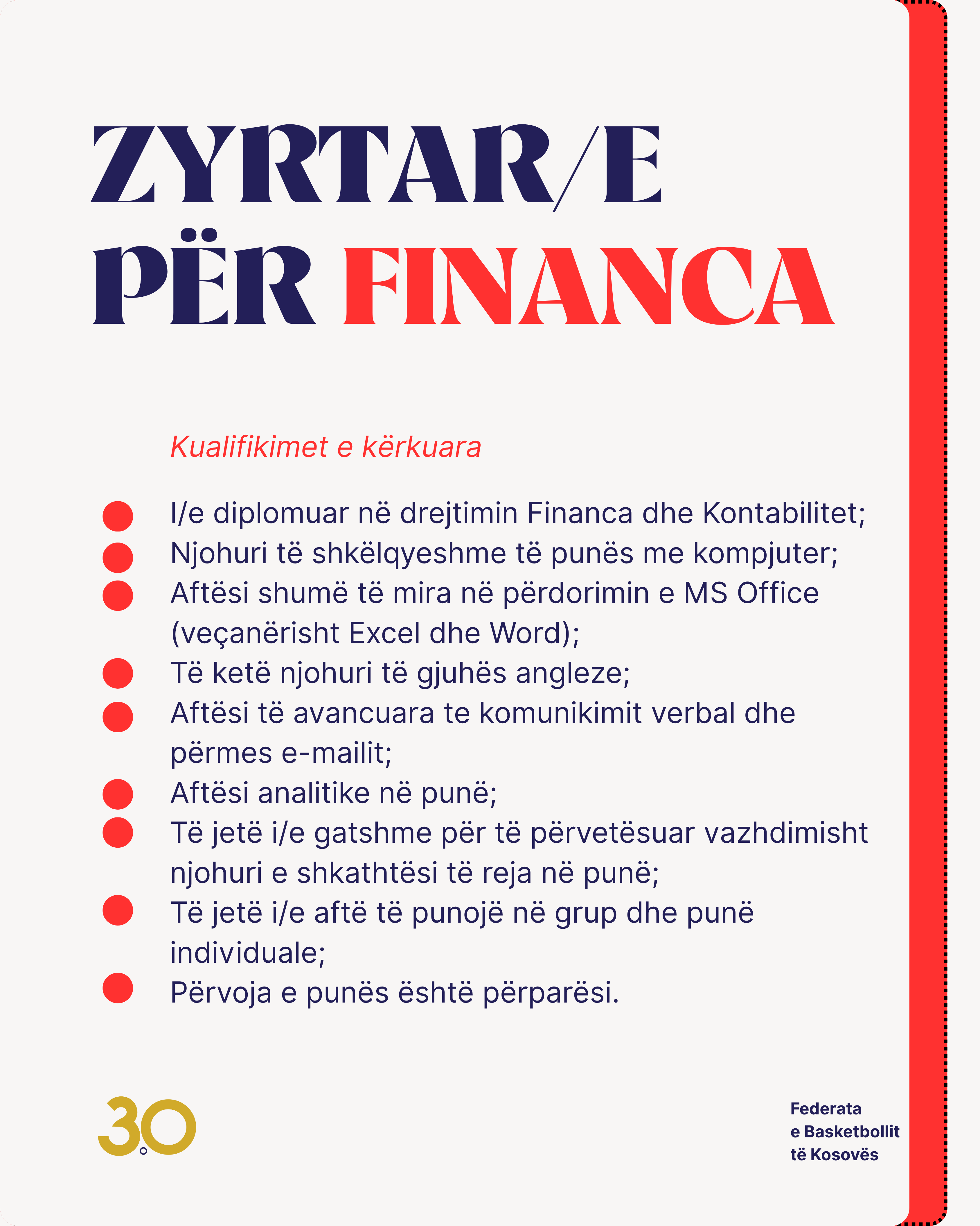 Konkurs: Zyrtar/e për Financa 