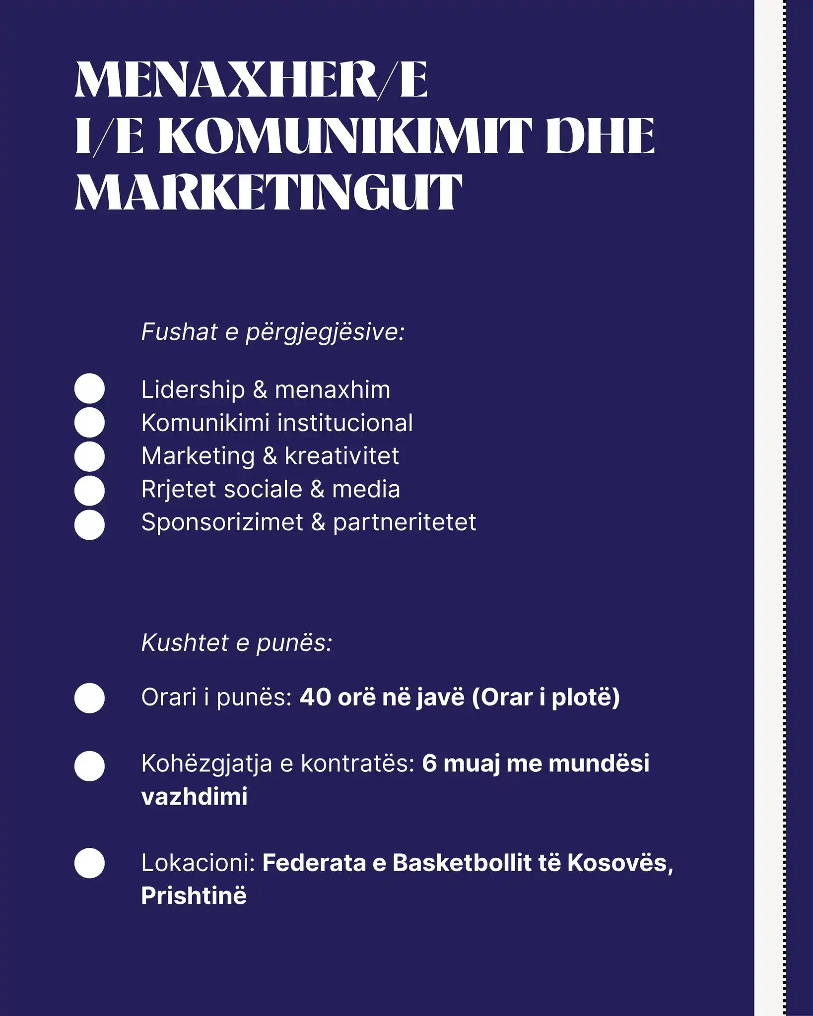 THIRRJE PËR APLIKIM – MENAXHER/E I/E KOMUNIKIMIT DHE MARKETINGUT