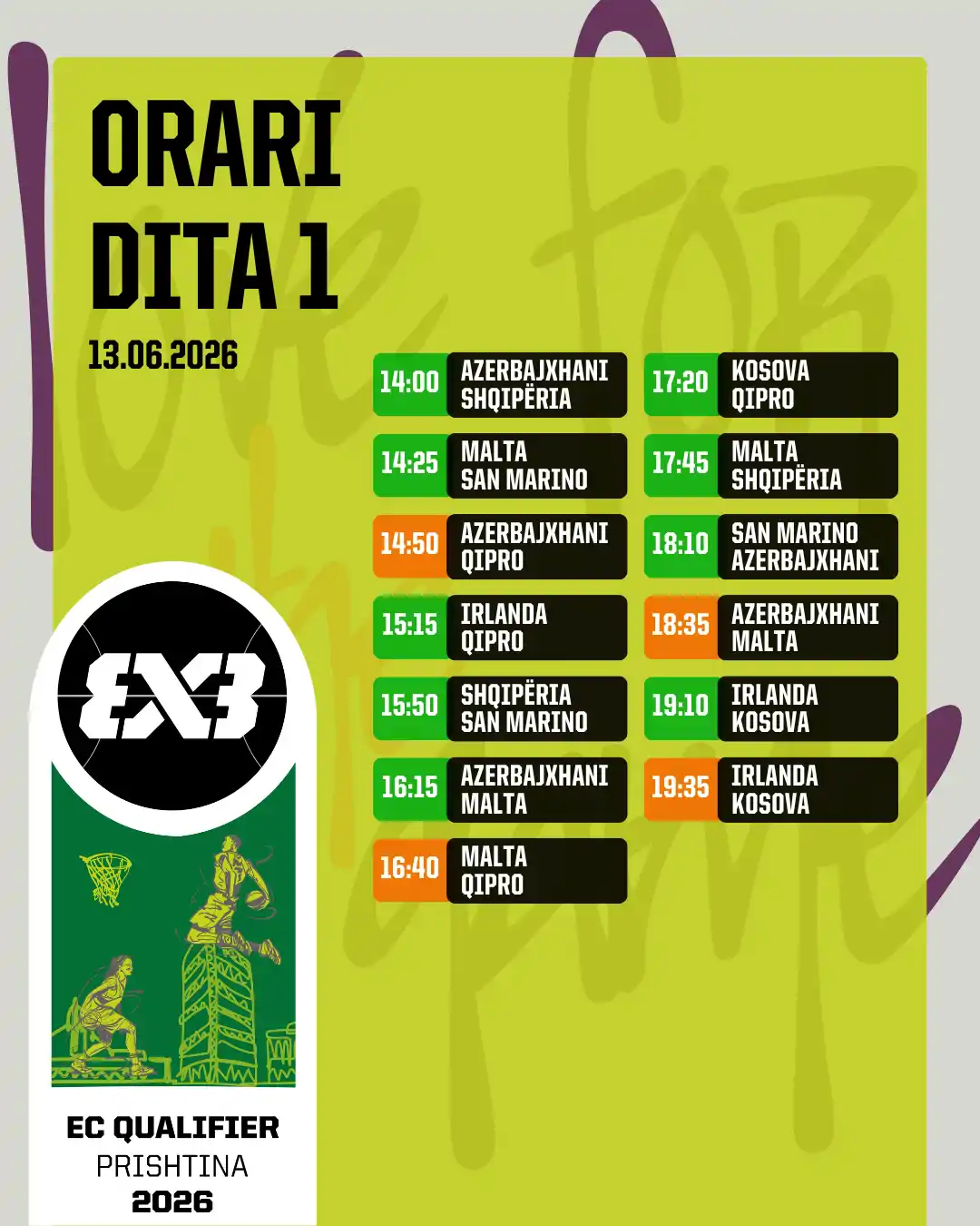 Orari i ndeshjeve për 2 ditë për FIBA 3x3 ECQ Prishtina 2026